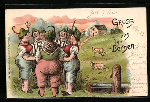 Lithographie Bergsteigergruppe auf der Alm