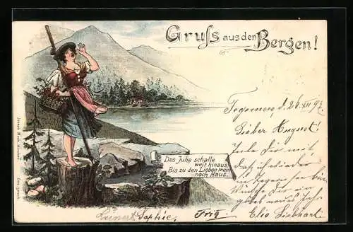Lithographie Frau in Tracht jodelt an Bergsee