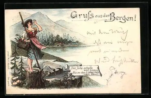 Lithographie Frau in Tracht jodelt an Bergsee