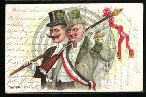 Lithographie Schützenfest, Zwei Männer mit Gewehr und Flagge