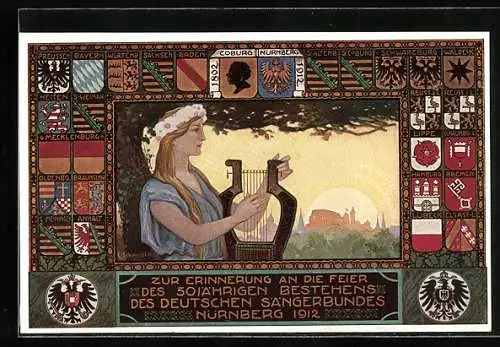 AK Nürnberg, 50-jähriges Jubiläum des Deutschen Sängerbundes 1912, Frau mit Lyra, Wappen