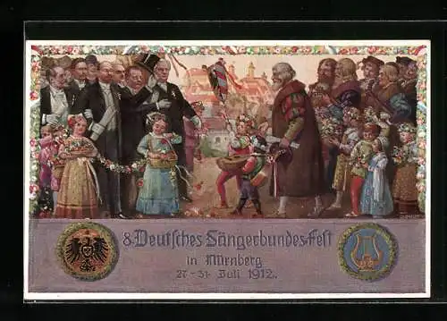Künstler-AK Nürnberg, VIII. Deutsches Sängerbundfest 1912, geschmückte Kinder, Wappen