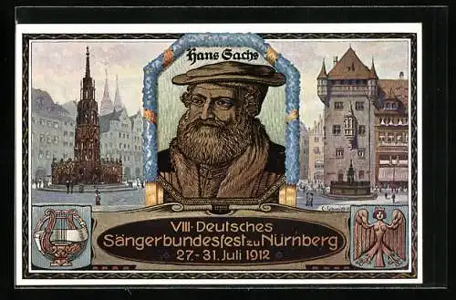 AK Nürnberg, VIII. Deutsches Sängerbundesfest 1912, Hans Sachs, Portrait, Wappen mit Harfe