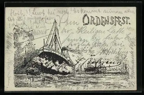 Künstler-AK Ordensfest, Schiffe auf dem Wasser