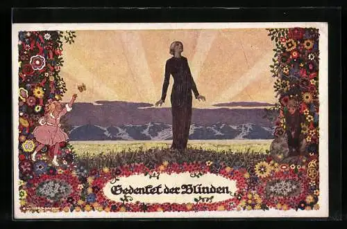 Künstler-AK Ernst Kutzer: Blinde Frau auf dem Feld stehend, Gedenket der Blinden