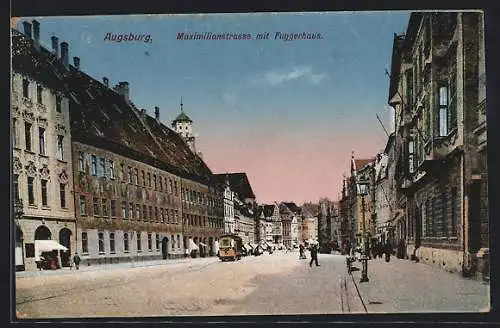AK Augsburg, Maximilianstrasse mit Fuggerhaus & Strassenbahn