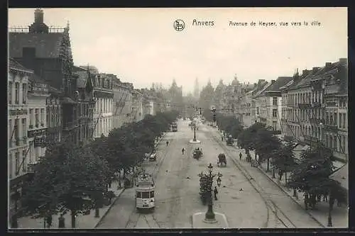 AK Anvers, Avenue de Keyser, vue vers la ville, Strassenbahn