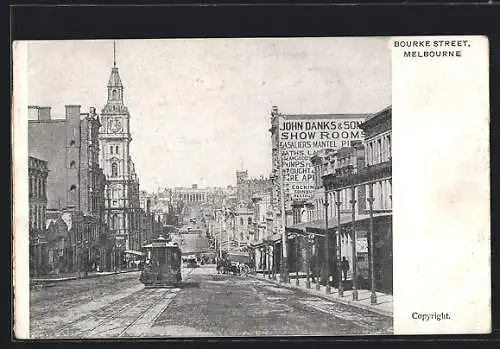 AK Melbourne, Bourke Street, Strassenbahn