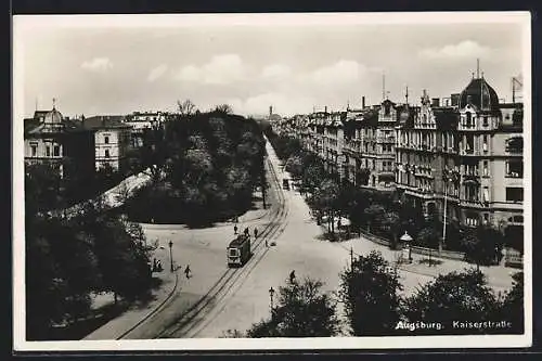 AK Augsburg, Kaiserstrasse aus der Vogelschau, Strassenbahn