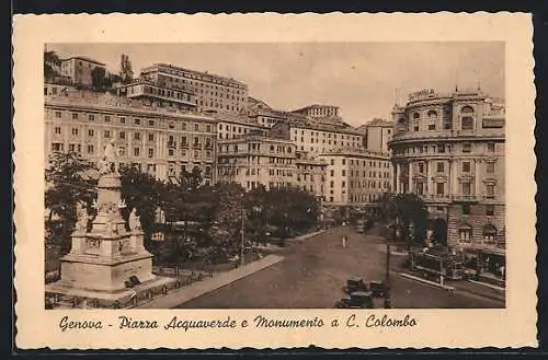 AK Genova, Piazza Acquaverde e Monumento a C. Colombo, Strassenbahn