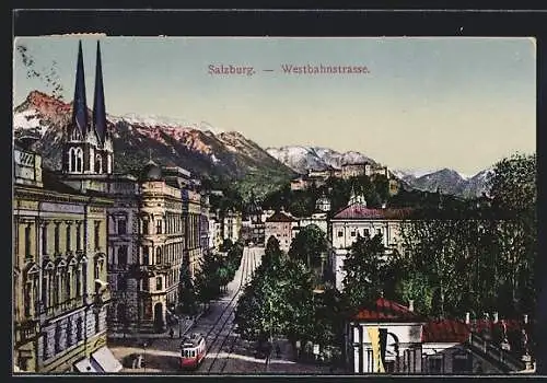AK Salzburg, Strassenbahn in der Westbahnstrasse mit Kirchtürmen