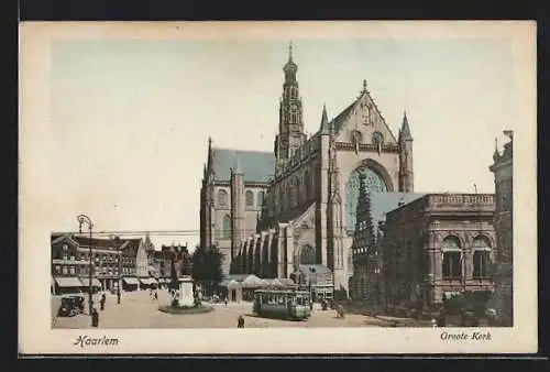 AK Haarlem, Groote Kerk, Strassenbahn