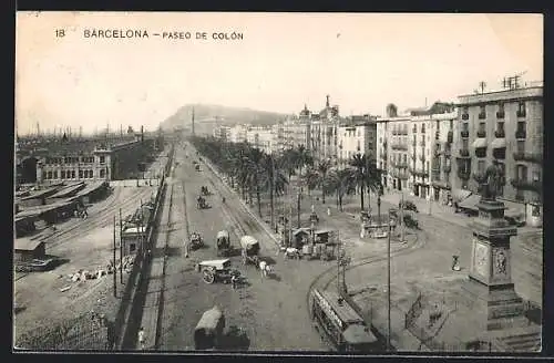 AK Barcelona, Paseo de Colón, Strassenbahn