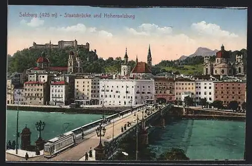 AK Salzburg, Strassenbahn auf der Staatsbrücke