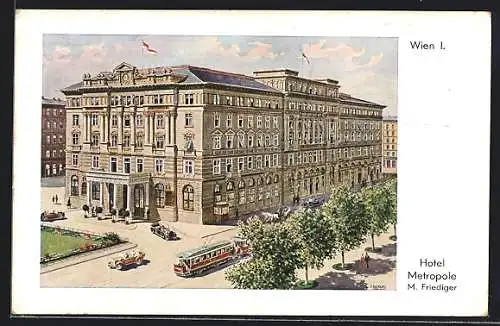 AK Wien, Strassenbahn vor dem Hotel Metropole