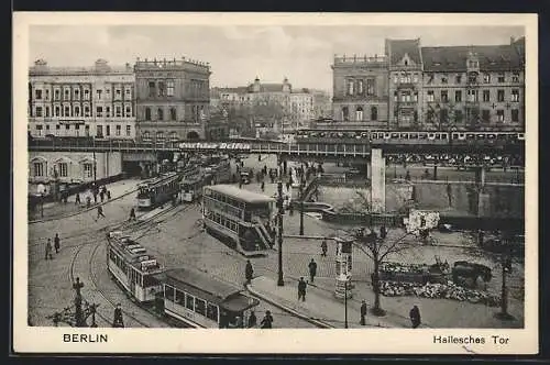 AK Berlin, Hallesches Tor mit Geschäften und Strassenbahn