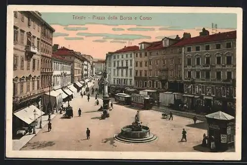 AK Trieste, Piazza della Borse e Corso, Strassenbahn