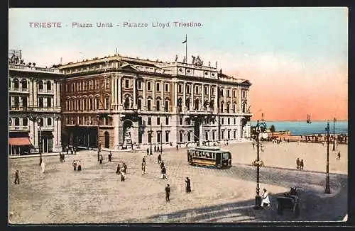 AK Trieste, Piazza Unità, Palazzo Lloyd Triestino, Strassenbahn