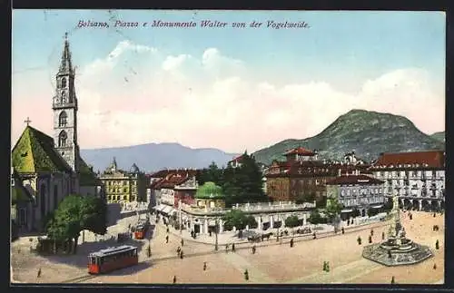 AK Bolzano, Piazza e Monumento Walter von der Vogelweide, Strassenbahn