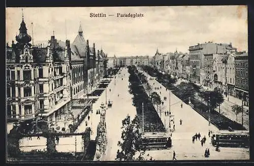 AK Stettin, Strassenbahn auf dem Paradeplatz