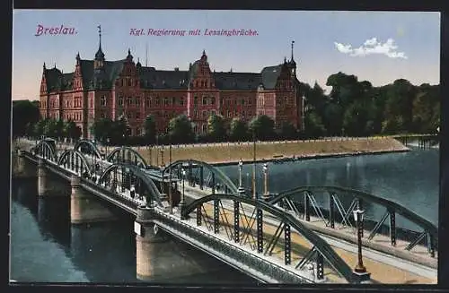 AK Breslau, Kgl. Regierung mit Lessingbrücke und Strassenbahn