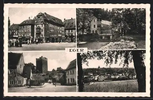 AK Eger, Marktplatz, Restauration Insel-Mühlerl, Schwarzer Turm, Ortsansicht unter Bäumen hindurch
