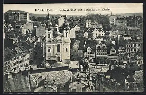 AK Karlsbad, Teilansicht mit katholischer Kirche
