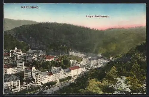 AK Karlsbad, Pupp`s Etablissement aus der Vogelschau
