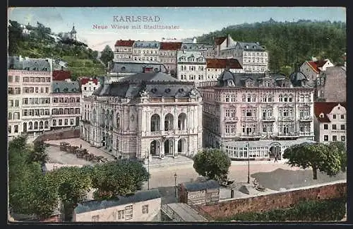 AK Karlsbad, Neue Wiese mit Stadttheater