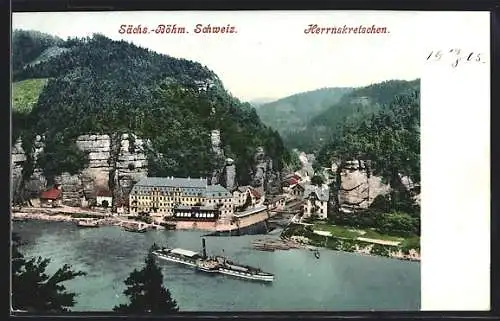 AK Herrnskretschen /Sächs.-Böhm. Schweiz, Ortsansicht zwischen Felswand und Fluss