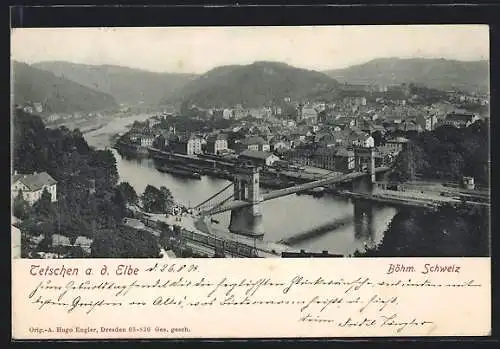 AK Tetschen a. d. Elbe, Stadtansicht mit Flusspartie und Brücke