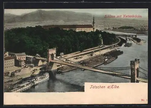 AK Tetschen a. d. Elbe, Schloss mit Kettenbrücke