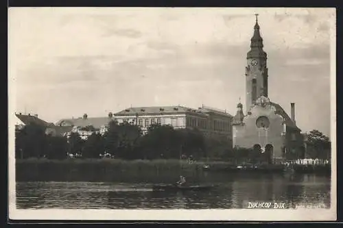 AK Duchcov, Ruderer vor Ufer mit Kirche