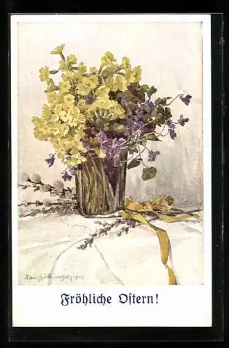 Künstler-AK Hans Götzinger: Fröhliche Ostern, Gelbe und Lila Blumen in einer Vase