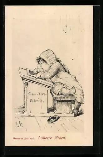 Künstler-AK Hermann Kaulbach: Schwere Arbeit, Kind am Schreibpult