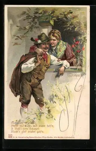 Künstler-AK E. Döcker: Fräulein umarmt ihren Herzbuben