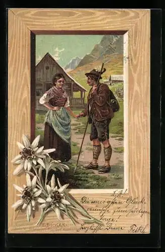 Künstler-AK E. Döcker: Wanderer verabschiedet sich von seiner Frau, Edelweiss