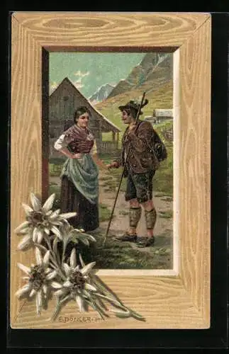 Künstler-AK E. Döcker: Wanderer verabschiedet sich von seiner Frau, Edelweiss