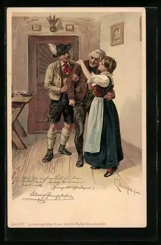 Künstler-AK E. Döcker: Paar in Tracht empfängt einen Gast