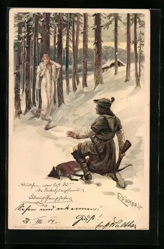 Künstler-AK E. Döcker: Jäger erblickt im Wald eine weiss gekleidete Frau