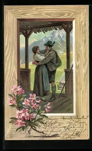 Künstler-AK E. Döcker: In den Bergen, Liebespaar umarmt sich, Rote Blumen