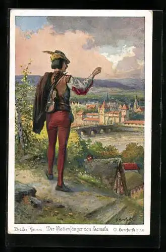 Künstler-AK Oskar Herrfurth: Brüder Grimm, Der Rattenfänger von Hameln schaut über den Ort
