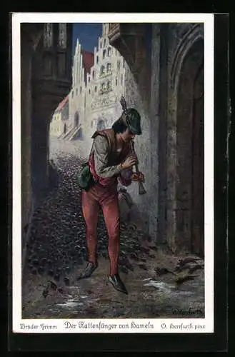 Künstler-AK Oskar Herrfurth: Hameln, Rattenfänger spielt Ratten auf Flöte vor