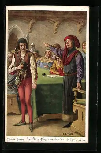 Künstler-AK Oskar Herrfurth: Brüder Grimm, Der Rattenfänger von Hameln, Für seine Hilfe erhält er kein Geld