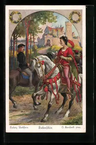 Künstler-AK Oskar Herrfurth: Siebenschön als Diener verkleidet auf Pferd trift auf Prinz auf Pferd