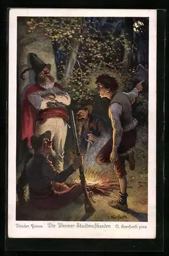 Künstler-AK Oskar Herrfurth: Brüder Grimm, Die Bremer Stadtmusikanten, Nr. 5, Räuber trauen sich nicht mehr zum Haus
