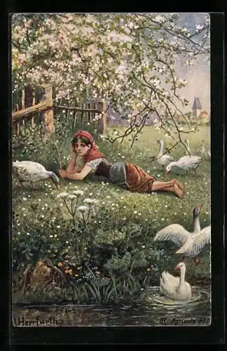 Künstler-AK Oskar Herrfurth: Mädchen in Volkstracht liegt auf der Wiese im Frühling, Blick zum Kirchturm