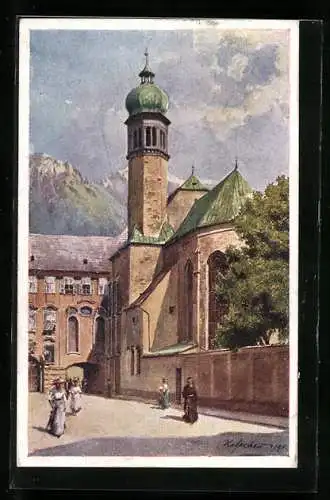 Künstler-AK E.F. Hofecker: Innsbruck, Hofkirche mit Passanten