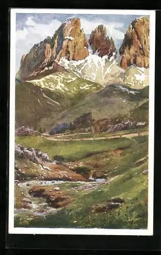 AK Deutscher Schulverein NR 410: Künstler .F. Hofecker, Pordoijochstrasse mit der Langkofelgruppe