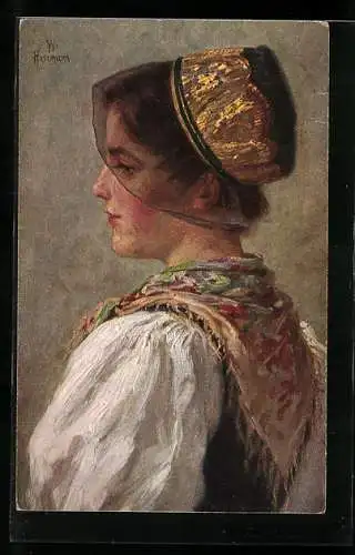 Künstler-AK Frau mit Kopfbedeckung und Schleier in Schwarzwälder Tracht